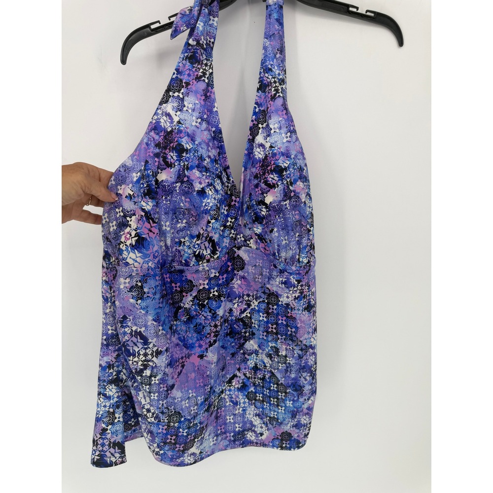 Swimsuits For All Purple Mosaic Floral Halter Tankini Top Size 20